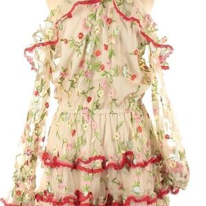 Alexis Ivory Floral Adeline Mini Dress with Red and Green Accents size Large